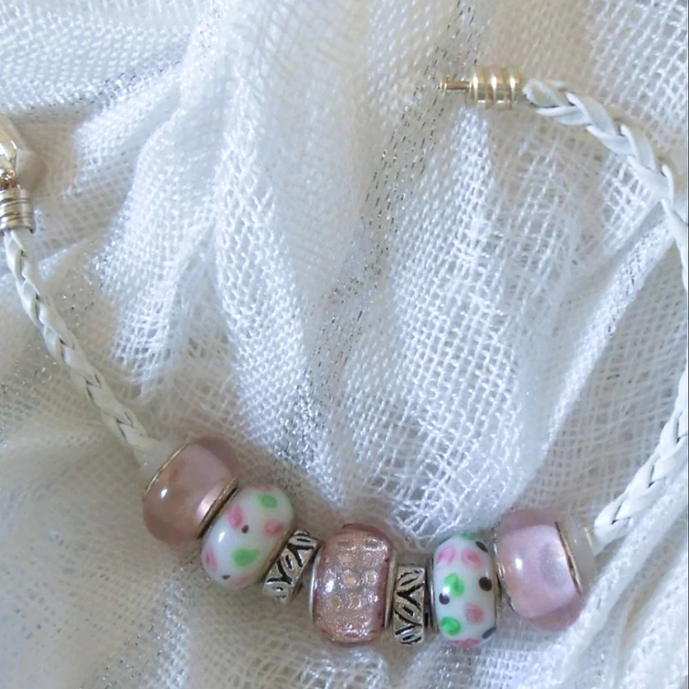 Pink, White & Mint Green Glass Big-hole Beads Braided Leatherette Bracelet - Picture 3 of 13